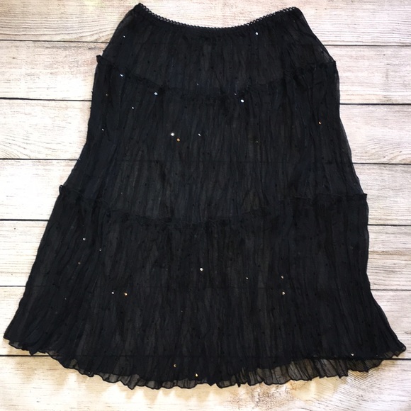 Vintage Dresses & Skirts - 💋Sheer Sequins Black Midi Skirt Elastic Waist M